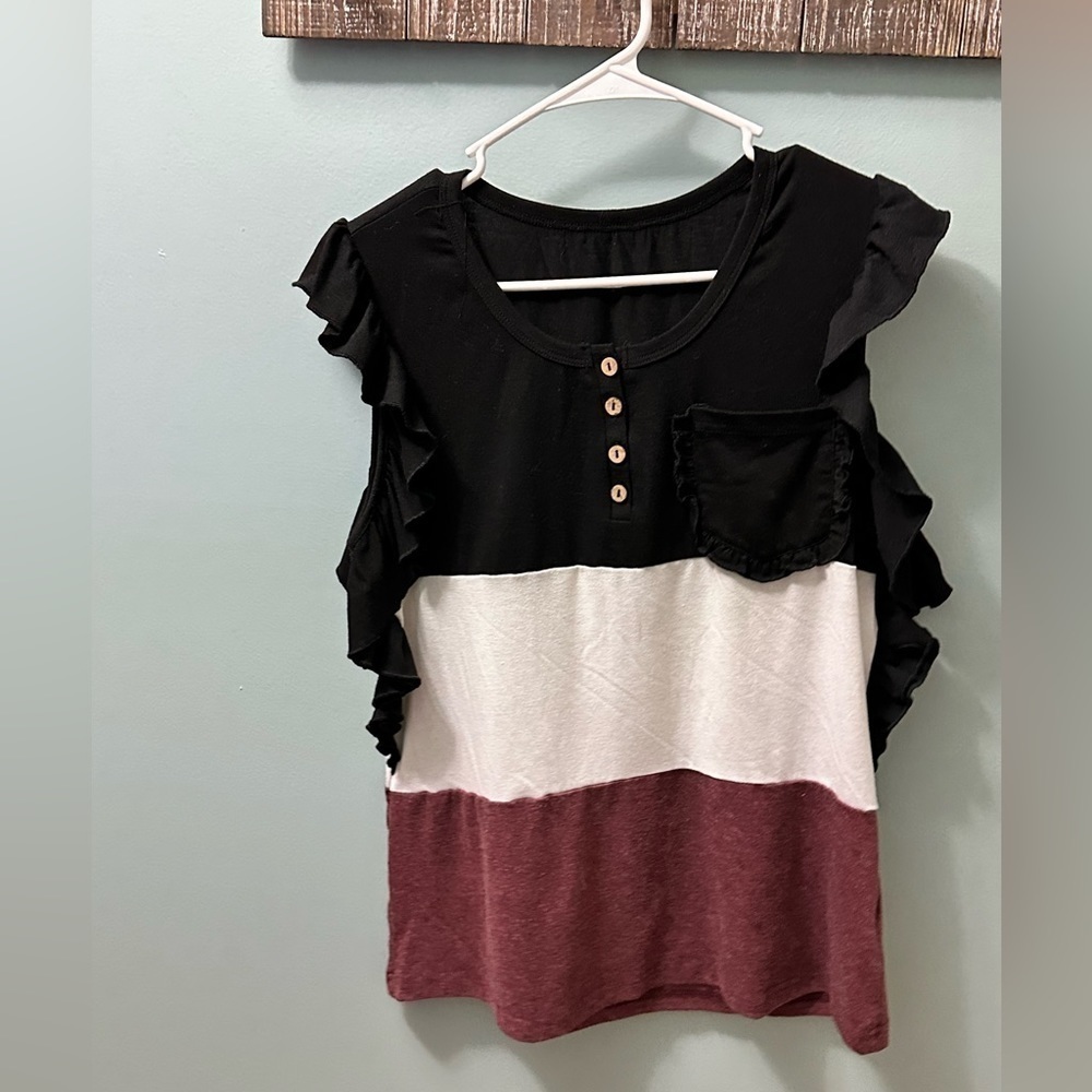 Women's Color Block Short Sleeve Ladies Pocket T-Shirt ruffles size medium - Picture 3 of 7